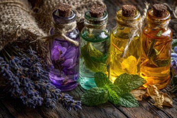 Four small glass bottles filled with colorful liquids and herbs, sitting on a rustic wooden surface