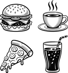 Black and White Fast Food Icons Delicious Hamburger Pizza Slice Coffee and Refreshing Soda for a Tasty Meal Combination