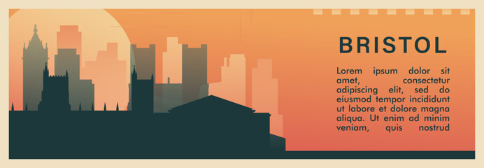 Obraz premium Bristol city brutalism vector banner with skyline, cityscape. England, UK retro horizontal illustration, travel layout for web presentation, header, footer