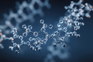 A 3D rendering of a complex molecule, glistening and detailed against a dark blue backdrop