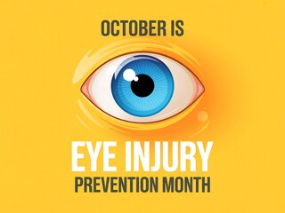 October is eye injury prevention month awareness graphic with a bright blue eye illustration on a yellow background