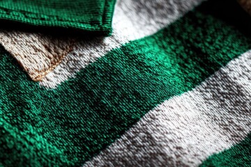 Close-up of textured fabric with green and white stripes
