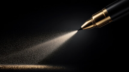 Luxurious pen emits fine mist of ink, creating elegant and artistic display against dark background. contrast highlights pen sleek design and sophisticated details