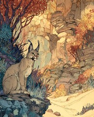 Naklejka premium Caracal In A Desert Canyon A Contemplative Caracal Gazing Thoughtfully From Behind