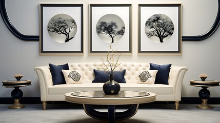 A sophisticated lounge area with a curved, light ivory sofa adorned with dark sapphire and intricately designed cushions, two contemporary circular coffee tables with artistic and detailed tops.