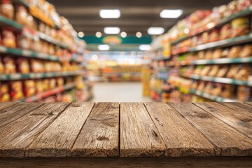 Rustic wooden table against a blurred supermarket aisle backdrop