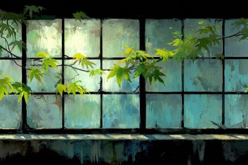 Sunlit window panes, vine with green leaves