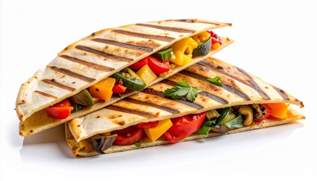 Two stacked grilled quesadillas filled with colorful roasted vegetables isolated on a white background.