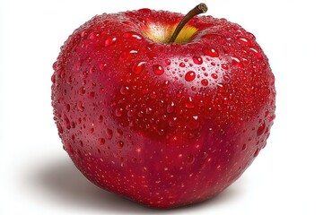 A single, red apple covered in water droplets, set against a white background