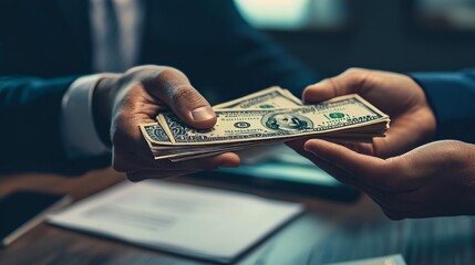Bribery and corruption concept, bribe in the form of dollar bills, Businessman giving money while making deal to agreement
