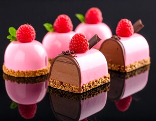 Pink and brown desserts on dark background
