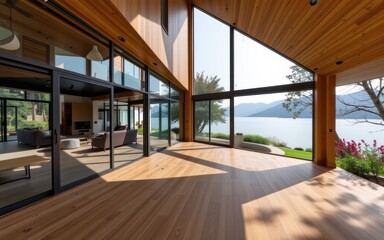 Modern interior with large windows overlooking a scenic lake view.