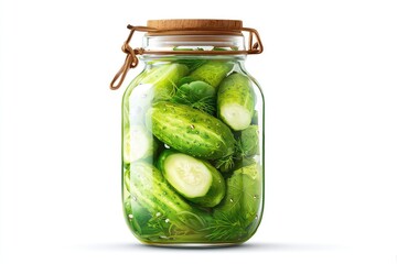 Glass jar filled with pickled cucumbers and herbs