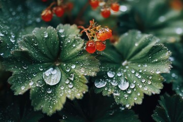 Dew-kissed leaves and vibrant red berries