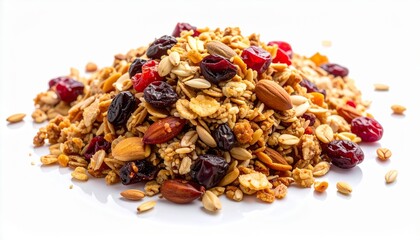 A healthy pile of crunchy granola with almonds, dried cranberries, and seeds isolated on a clean white background.