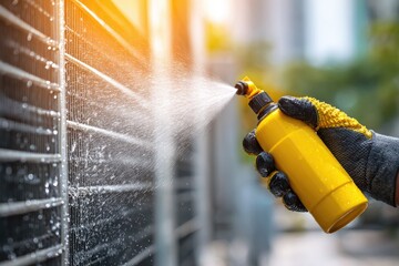 Person cleaning air conditioner condenser with spray bottle