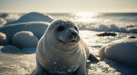 Naklejka premium Seal Pup in Winter Landscape: Adorable Wildlife Portrait
