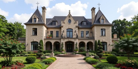Fototapeta premium Elegant mansion with intricate architecture and lush landscaping.