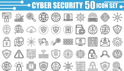 Cyber Security Line Icons Set – 50 Thin Stroke Icons for Network Protection, Data Privacy, and Online Safety