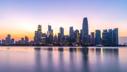 City skyline at sunset, reflected in calm water (3)