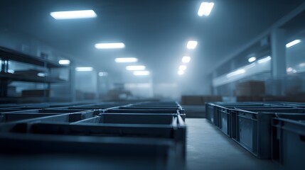Community food bank distribution room with empty crates, fluorescent overhead glow, muted cold palette