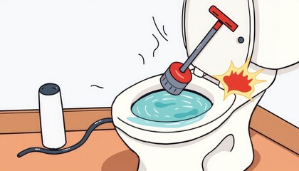 Vector illustration of a clogged toilet with a plunger and bad smell lines, cartoon style, concept of plumbing problem 2