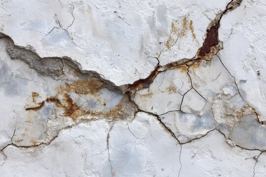 Cracked and weathered white wall with rust