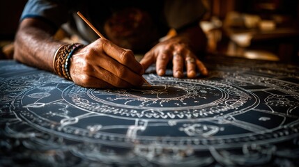 Skilled person drawing detailed circular intricate design on dark surface with fine tool in warm ambient setting