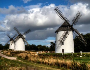 Naklejka premium Two windmills in a field under a cloudy sky