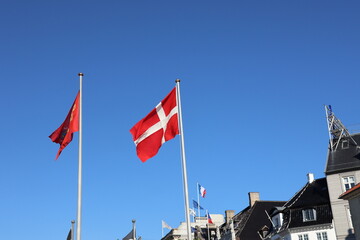Flags waving in the clear blue sky above a picturesque Danish town square, showcasing the unique architecture and vibrant atmosphere of the location during daytime