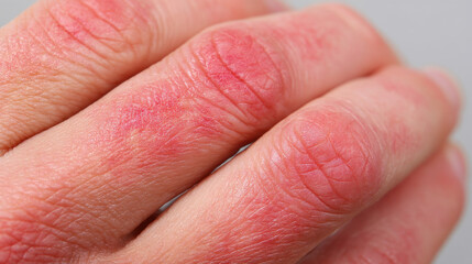 Skin irritation is visible on hand, showcasing redness and texture changes. This highlights effects of skin conditions, emphasizing need for care and treatment