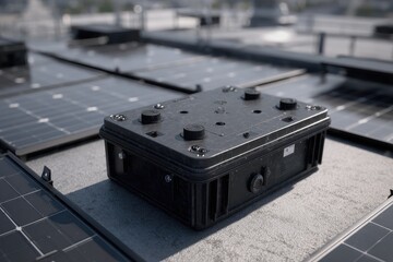 A weathered black rectangular box sits atop a solar panel array