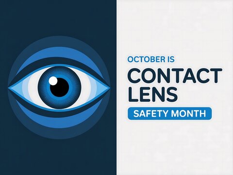 October is contact lens safety month with a stylized blue eye graphic promoting eye health awareness