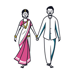Whimsical Indian Couple Holding Hands Traditional Attire A Colorful and Joyful Depiction Celebrating Togetherness and Cultural Pride