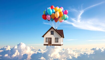Small house floating in the sky amidst clouds, lifted by colorful balloons