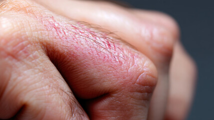 Fototapeta premium Dry skin can cause irritation and redness, often appearing on hands. This close up image highlights texture and condition of skin, showcasing fine hairs and visible dryness
