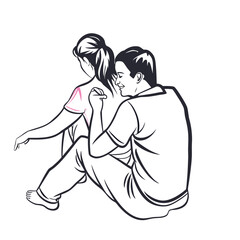 Monochrome Illustration of a Couple Sitting Together Watching the Sunset on a Beach, Hugging and Enjoying the View