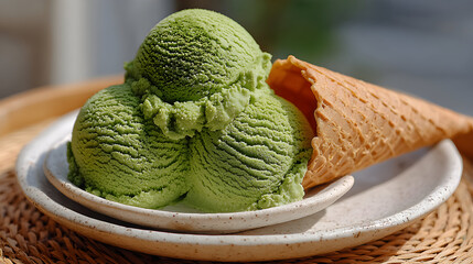Fototapeta premium Three scoops of green tea ice cream on a plate, next to a waffle cone.