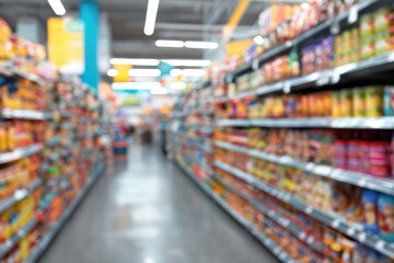 Blurred supermarket aisle, stocked shelves, colorful snack foods