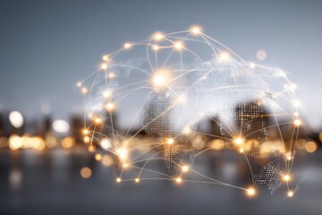 Global network connection visualization over a blurred cityscape at night