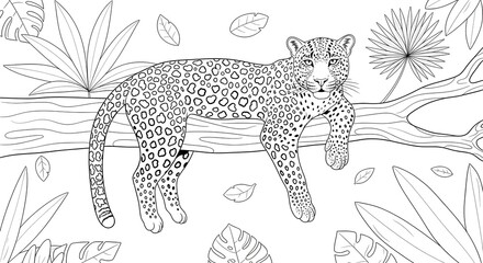 Detailed line art of a leopard resting on a jungle branch for a relaxing coloring book page