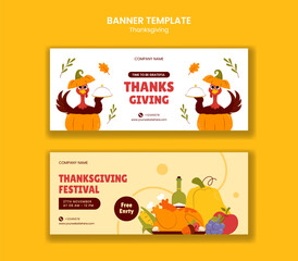 Thanksgiving Day Social Media Banner Design in Flat Cartoon Hand-Drawn Illustration Style