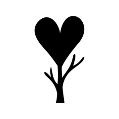 Black heart shaped tree silhouette isolated on white background conceptual design