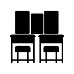 Symmetrical arrangement of two vanities with mirrors and stools in black silhouette