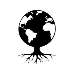 Black and white illustration of earth with roots representing ecology