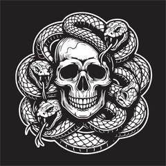 A illustrator of Skull and Snake Rose with black white drawing line