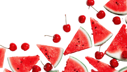 Watermelon and cherry fruit slices on black background