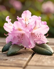 Pink Azalea blossoms on weathered wood