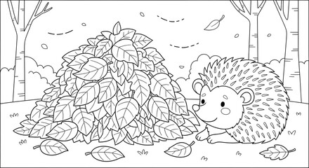 Charming woodland scene featuring a cute hedgehog next to a large pile of autumn leaves, a black and white illustration perfect for coloring