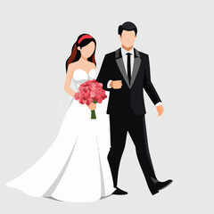 Elegant Wedding Day Illustration A Stylish Couple Joining Hands and a Beautiful Bride with a Bouquet